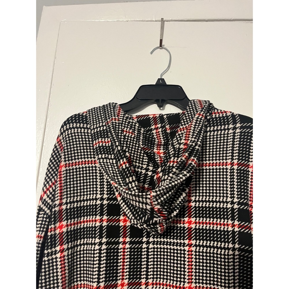 Lildy Womens Plaid Hooded Cardigan Black White Red Open Front Longline L XL - Picture 6 of 6